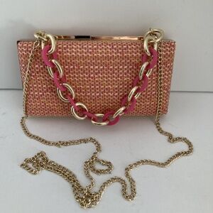 Nordstrom Tweed Clutch Purse Pink Gold Orange Small Hard Case Crossbody NWT
